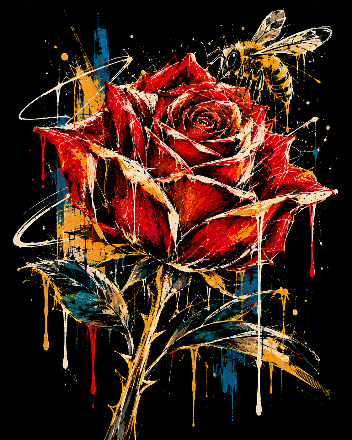 Red rose with white and gold paint drips and a golden bee against a black graffiti-style background.