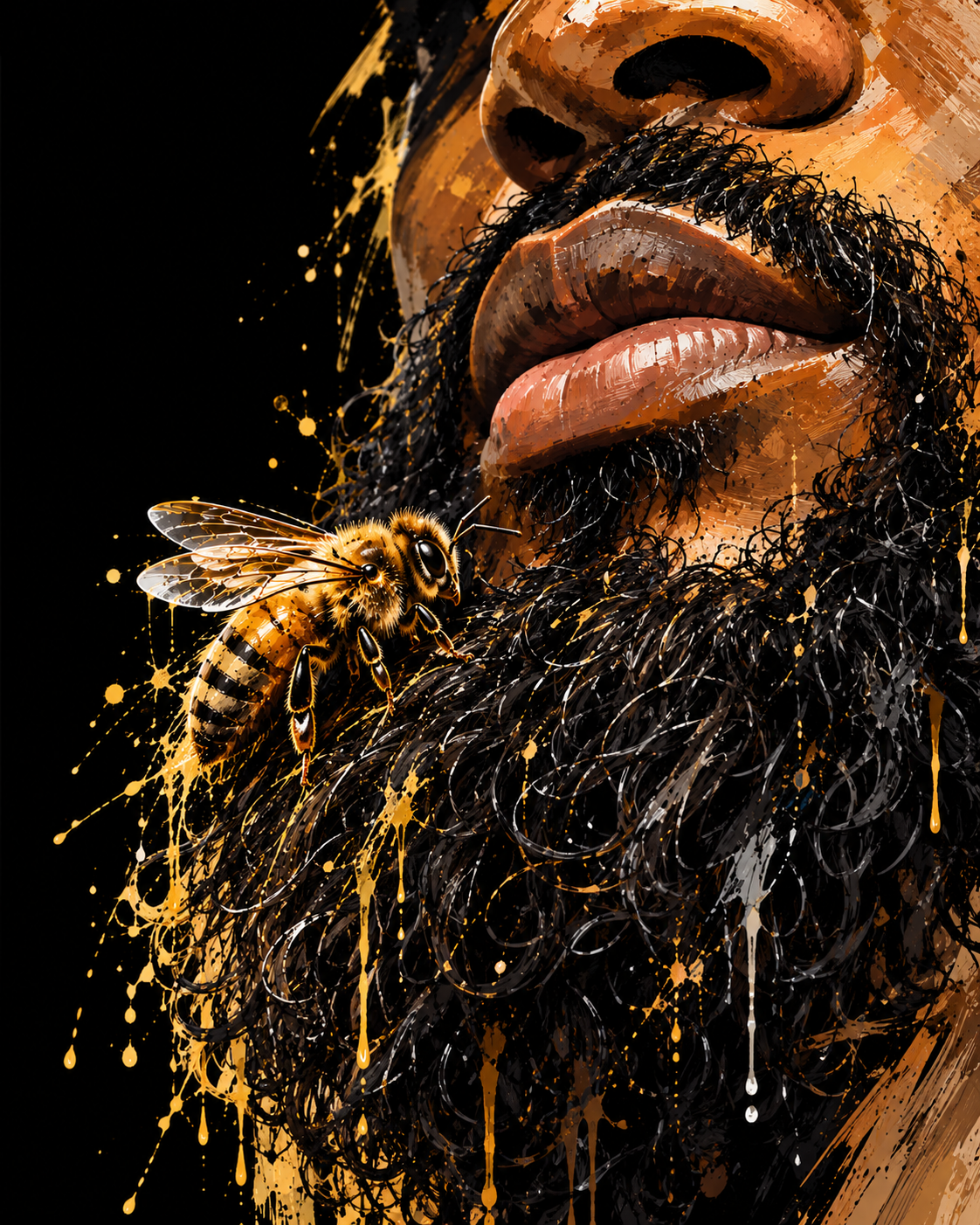 Golden bee resting on a man’s dark beard in a close-up portrait with gold paint drips.