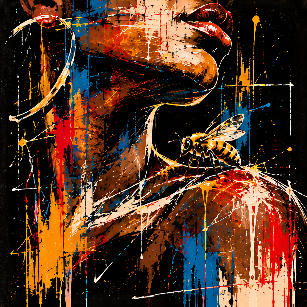 Golden bee resting on a woman’s shoulder in a graffiti-style portrait with red, blue and gold paint drips.