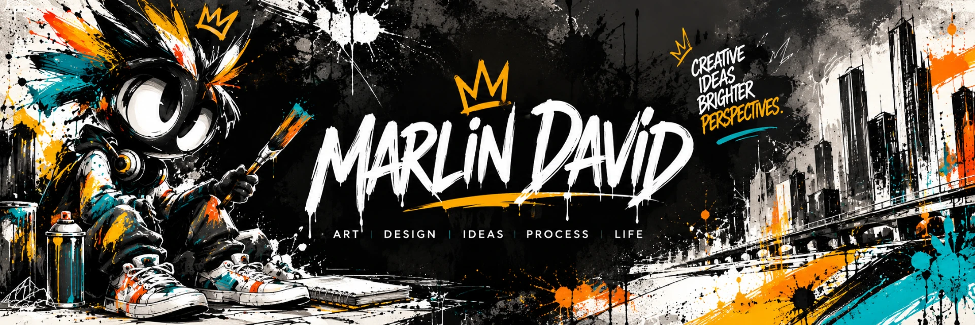 Marlin David graffiti-style banner with original animated character