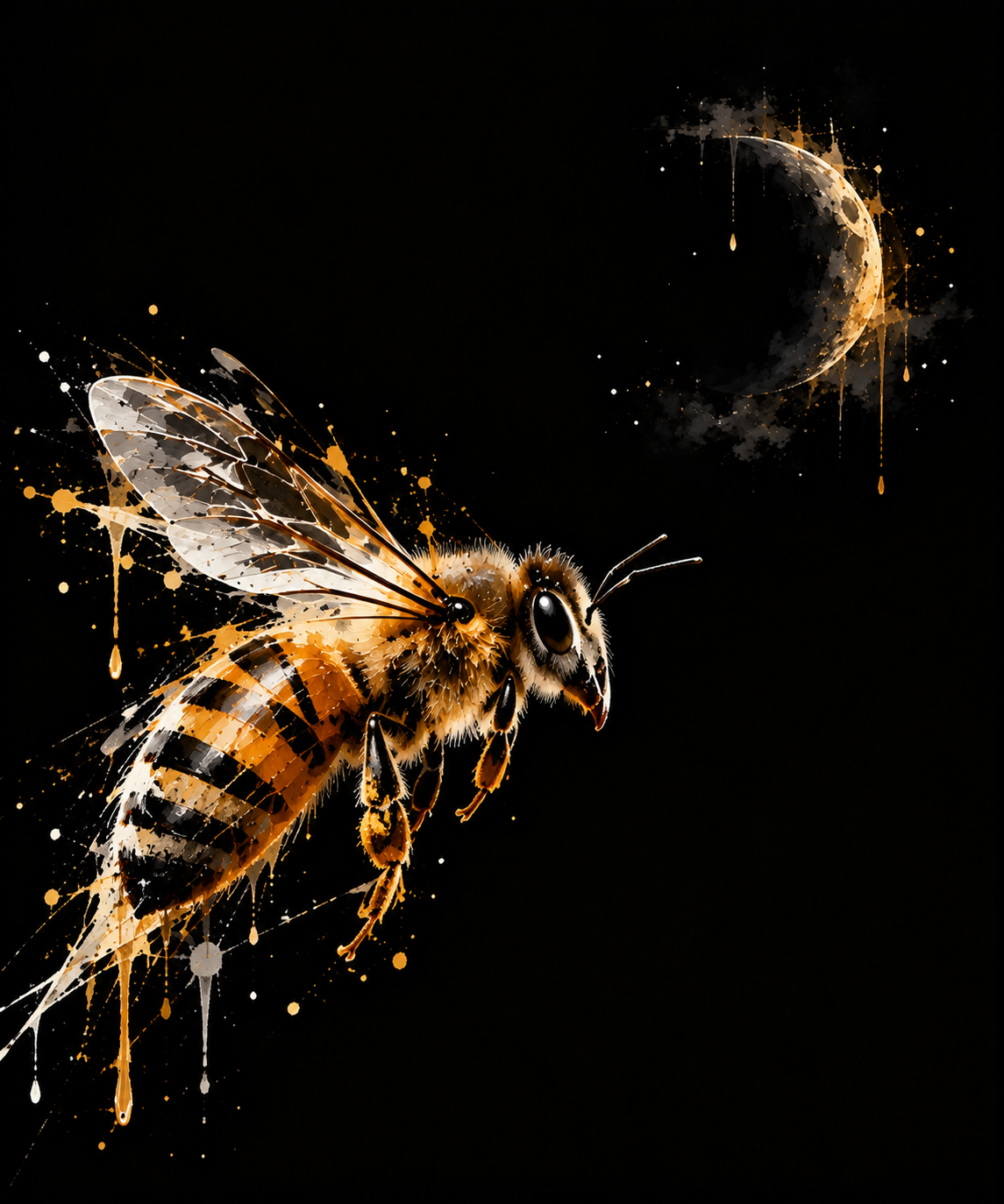 Golden bee flying beneath a crescent moon with gold paint splatters against black.