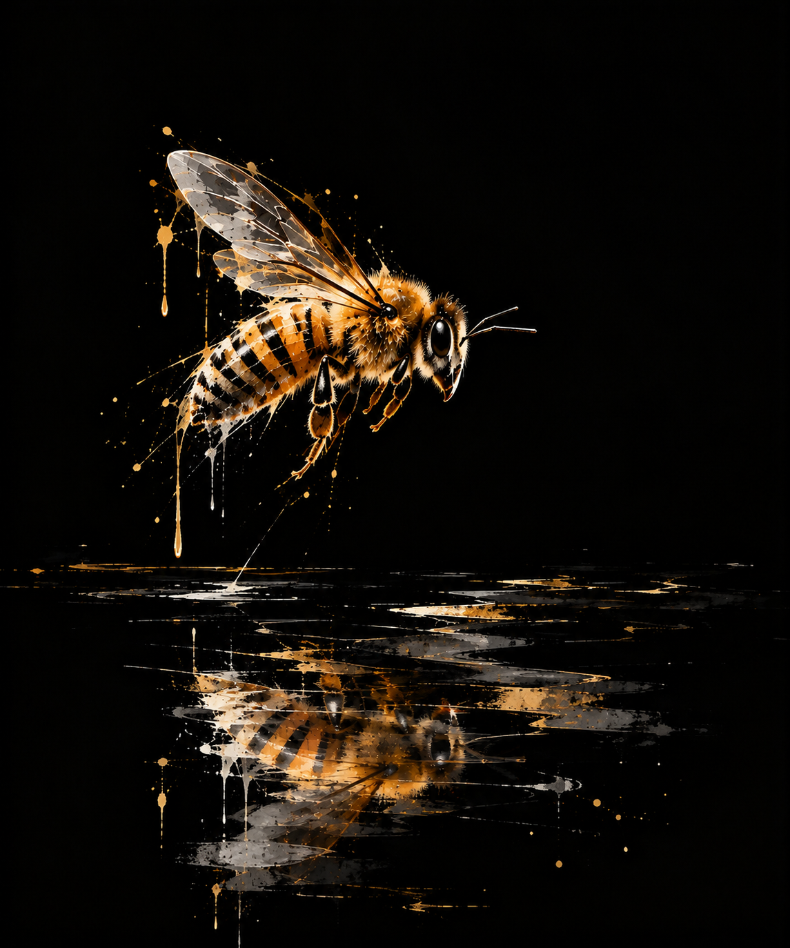 Golden bee hovering above dark water, with its blurred reflection visible beneath it.