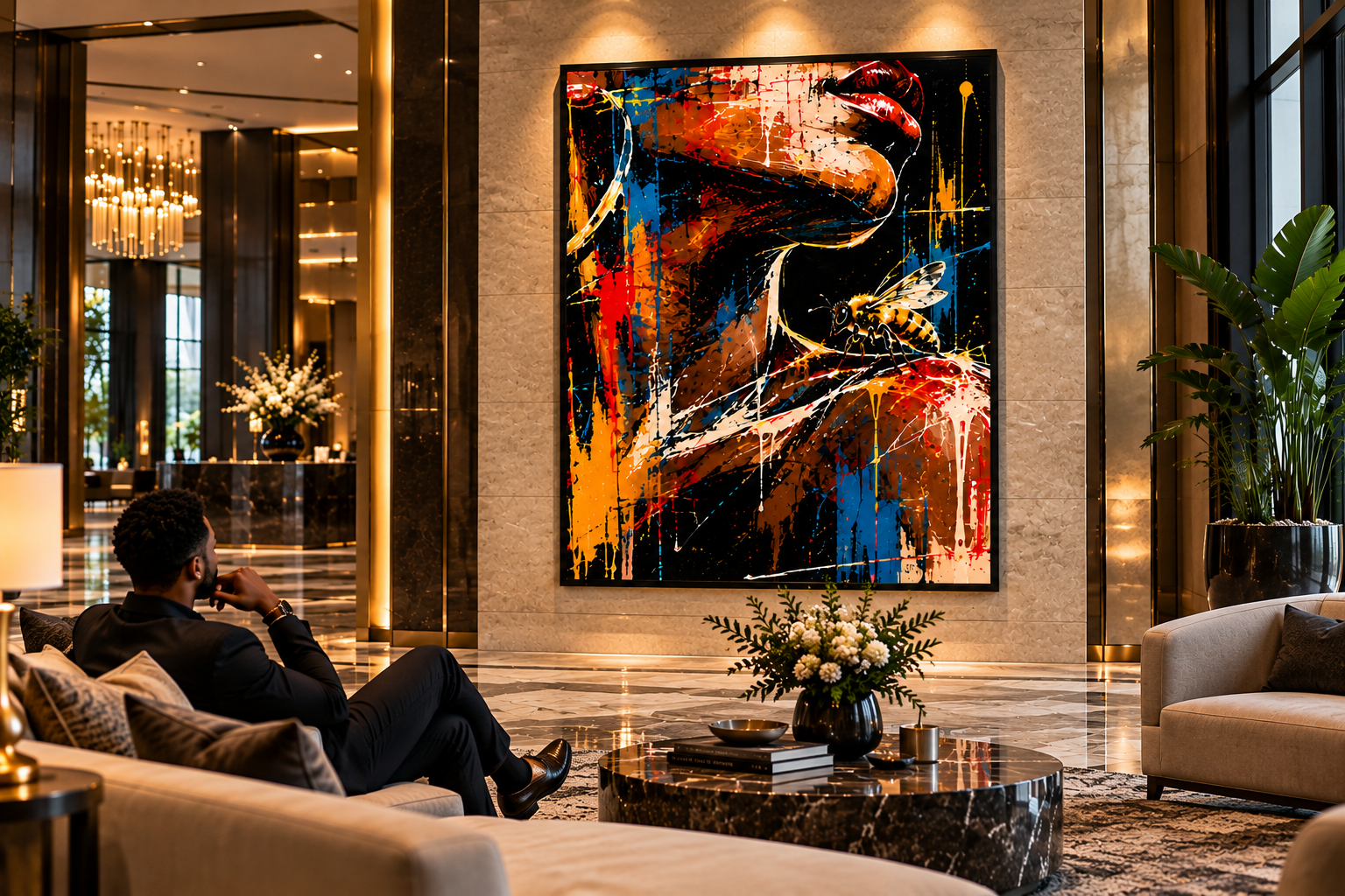 Worker Bee Art | Luxury Hotel Lobby Mockup A guest seated on a cream sofa admires a colorful framed painting of a woman and a bee in a luxurious hotel lobby.
