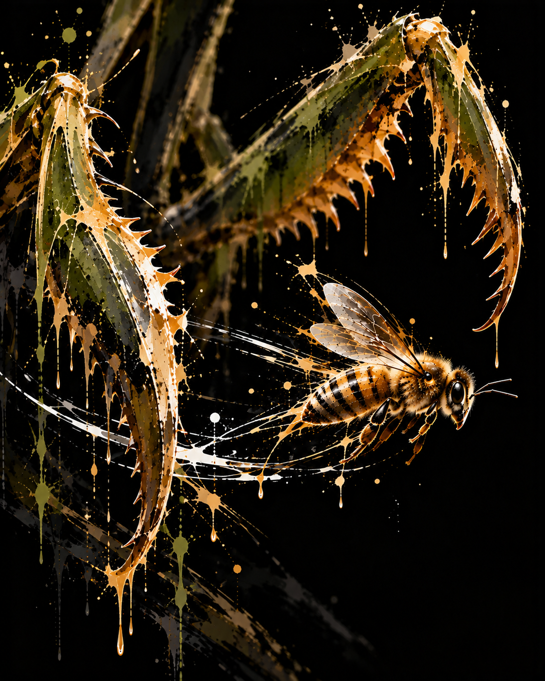 Golden bee escaping between spiky green praying mantis forelegs with dripping paint against black.