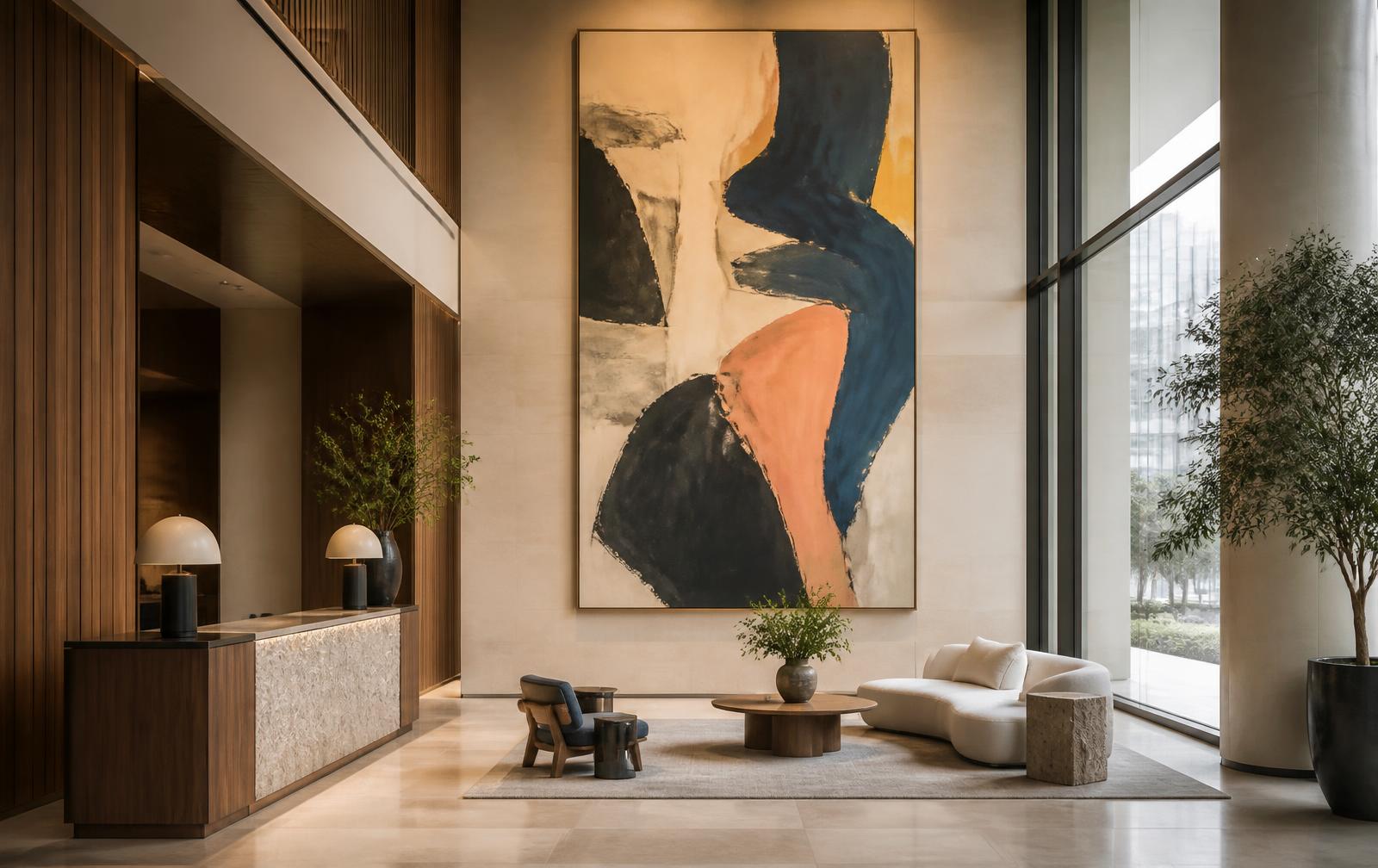 Conceptual contemporary artwork in a luxury hotel lobby