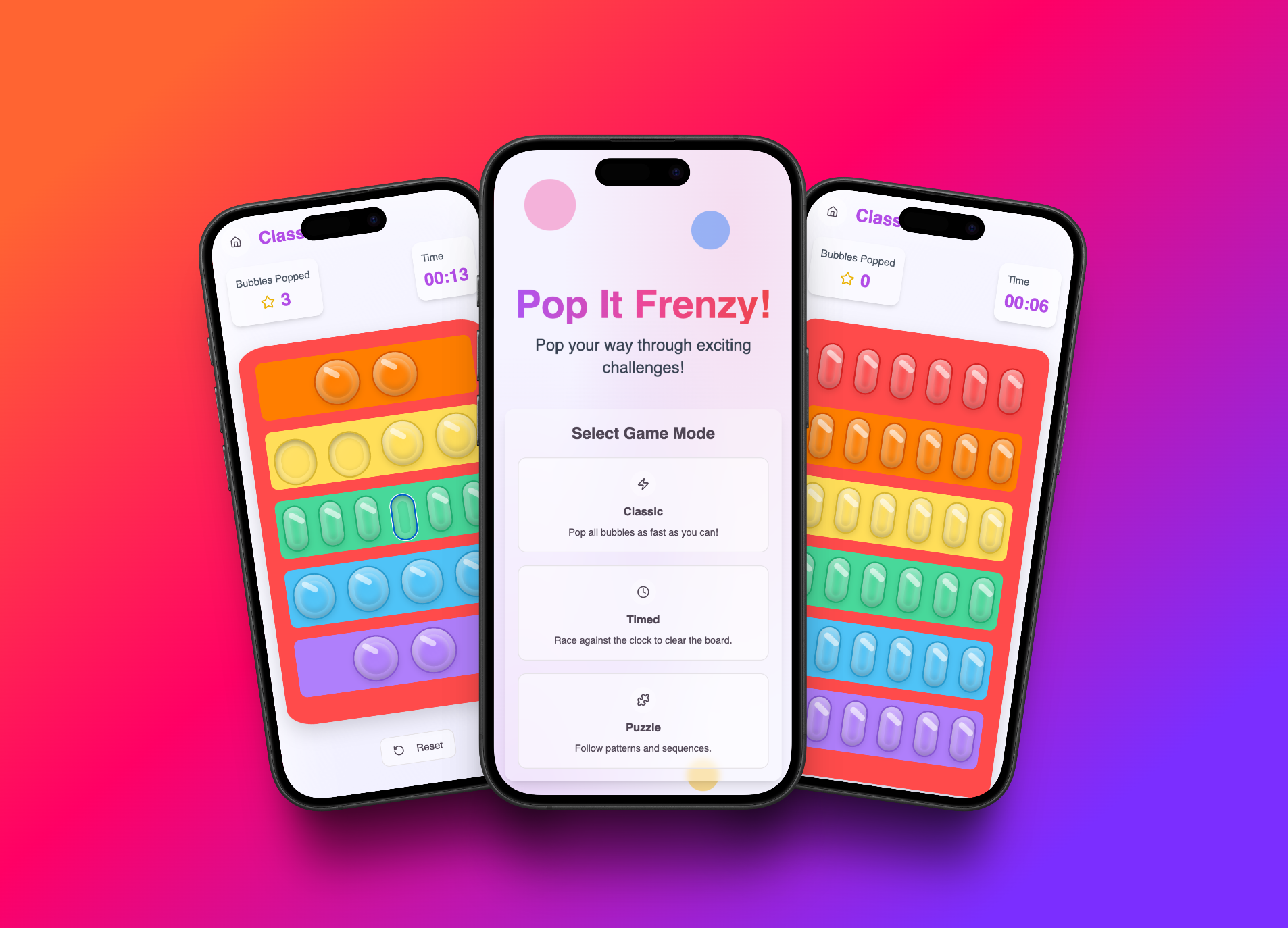 Pop It Frenzy Game - Colorful mobile screens showing a bubble popping game with different game modes