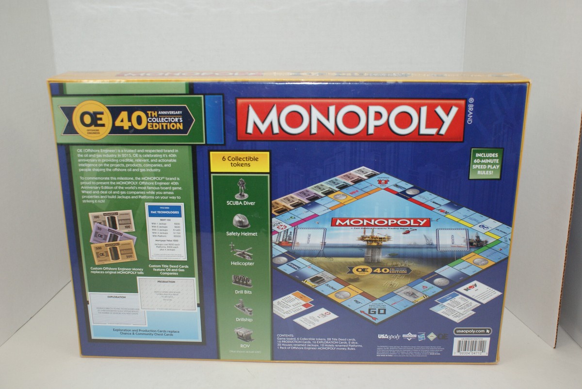 Offshore Monopoly Edition game box back showing 6 collectible tokens including SCUBA Diver, Safety Helmet, Helicopter, Drill Bits, Drillship, and ROV