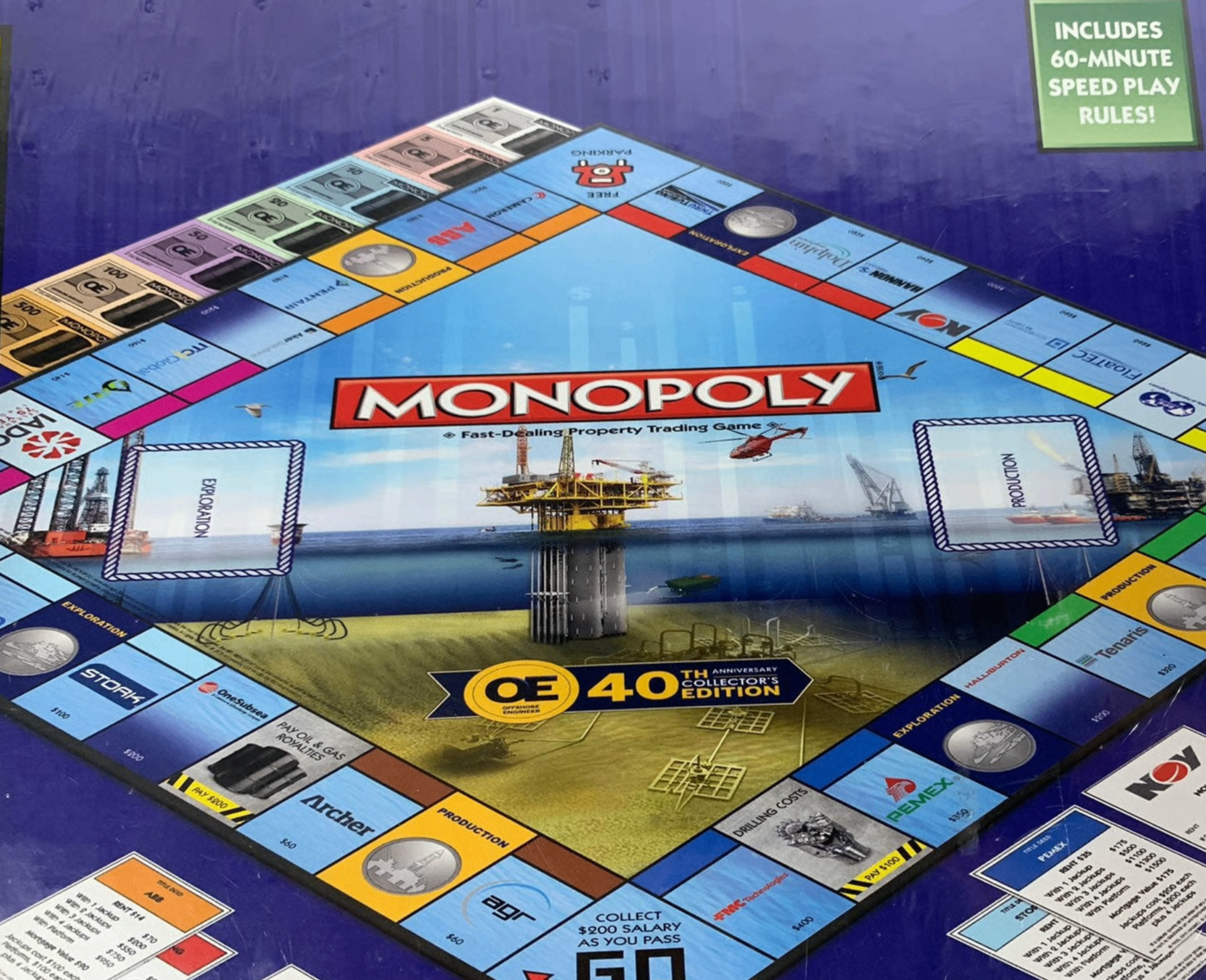Offshore Monopoly Edition game board layout showing custom offshore oil properties and industry-themed gameplay elements