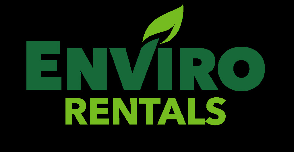 Green Enviro Rentals wordmark with a leaf above the lettering against black.