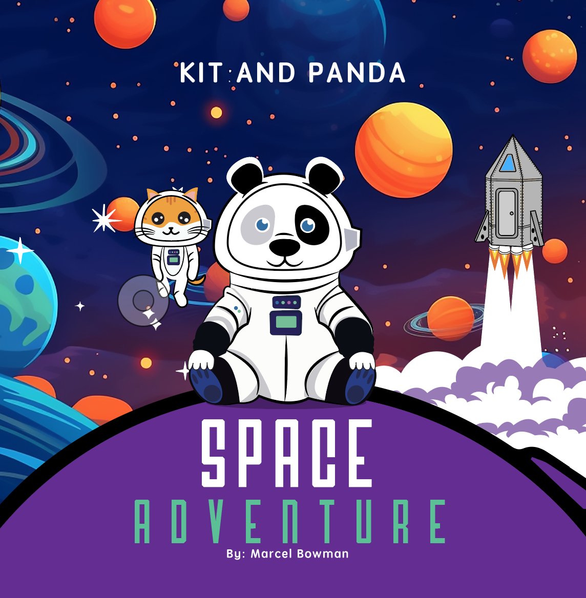 Kit and Panda: Space Adventure - Children's book cover illustration by Marcel showing characters in a spaceship