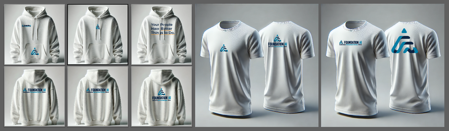 Front and back views of white Foundation AI hoodies and T-shirts with blue branding.