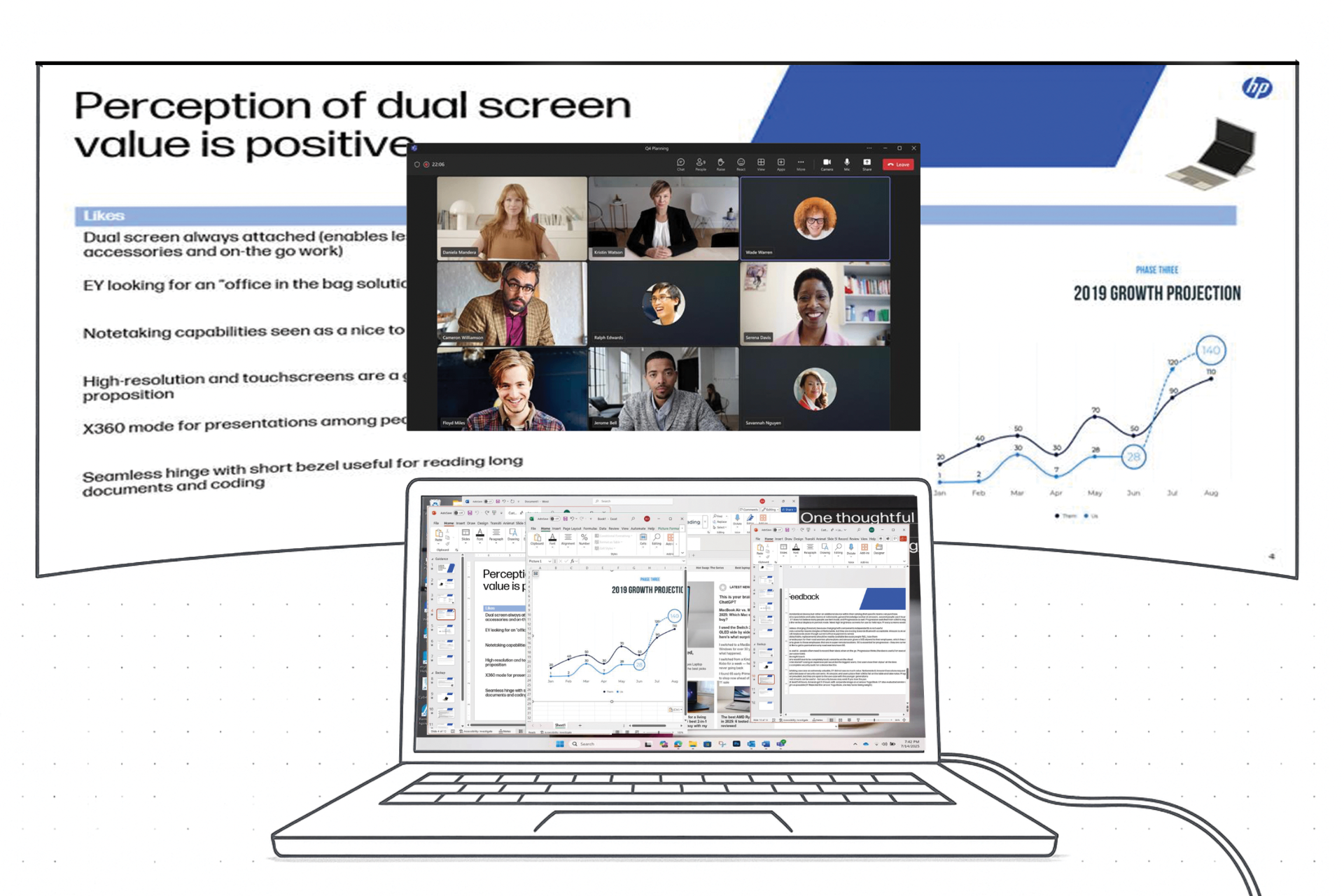 HP dual-screen laptop concept with a video meeting and spreadsheet.