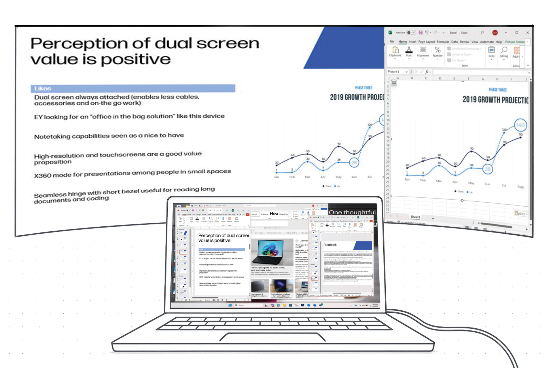 HP dual-screen concept with spreadsheets and data visualization