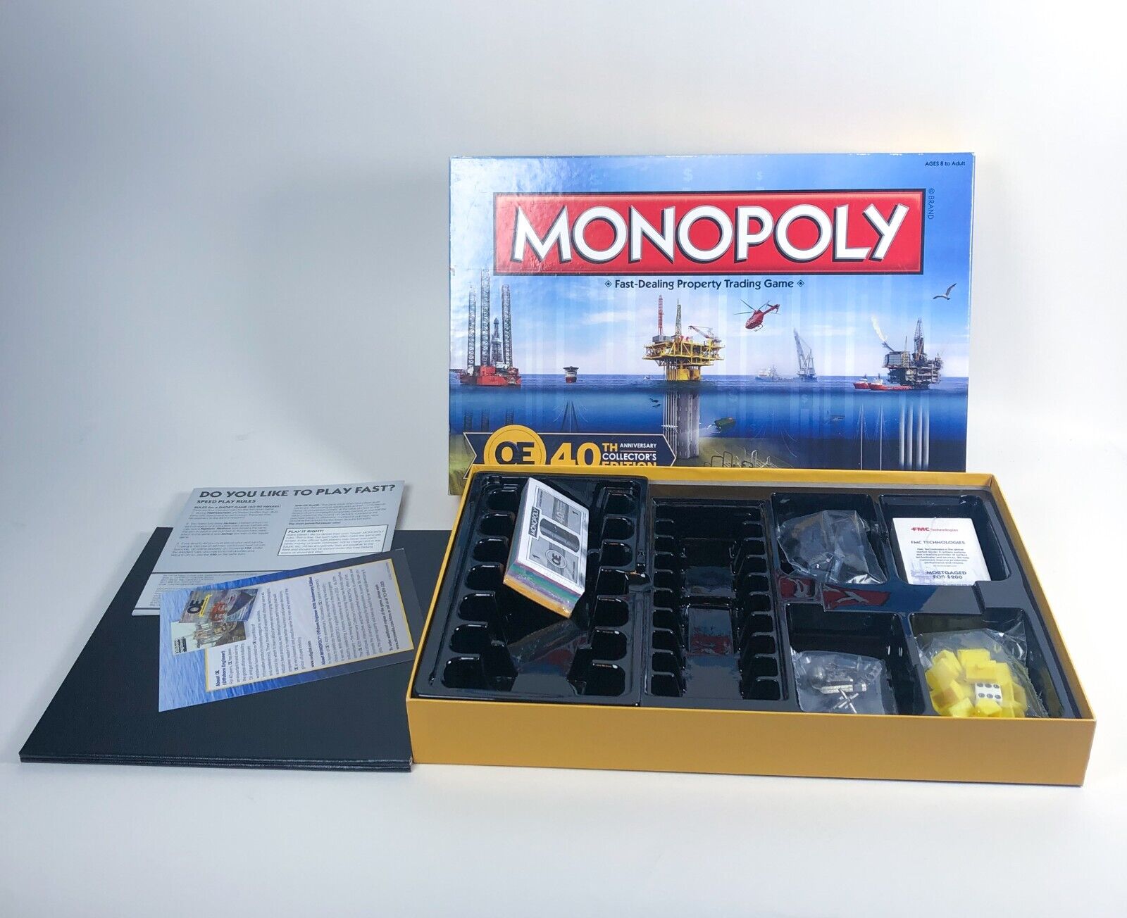 Offshore Monopoly Edition complete game box and contents featuring custom offshore oil platform themed board with yellow and black collector's edition packaging
