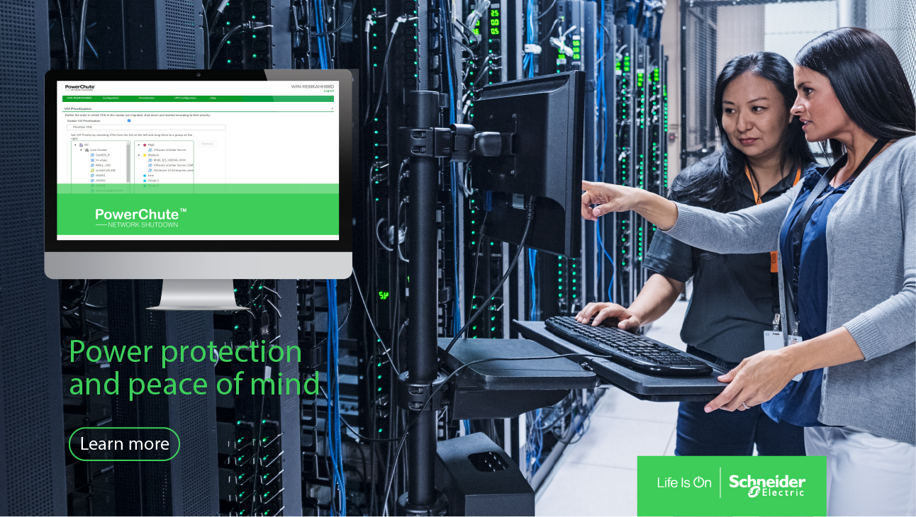 Schneider Electric PowerChute advertisement showing two women beside server racks and a green software window.