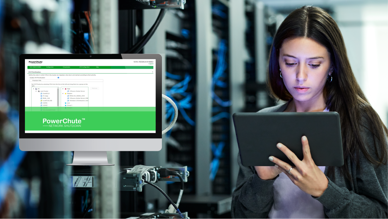 Woman holding a tablet beside server racks with a green PowerChute software window overlaid.